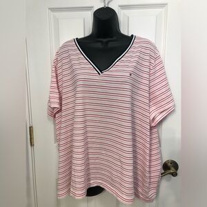 Tommy Hilfiger plus 2X short sleeve V-neck tee. Pink/white stripe with blk trim